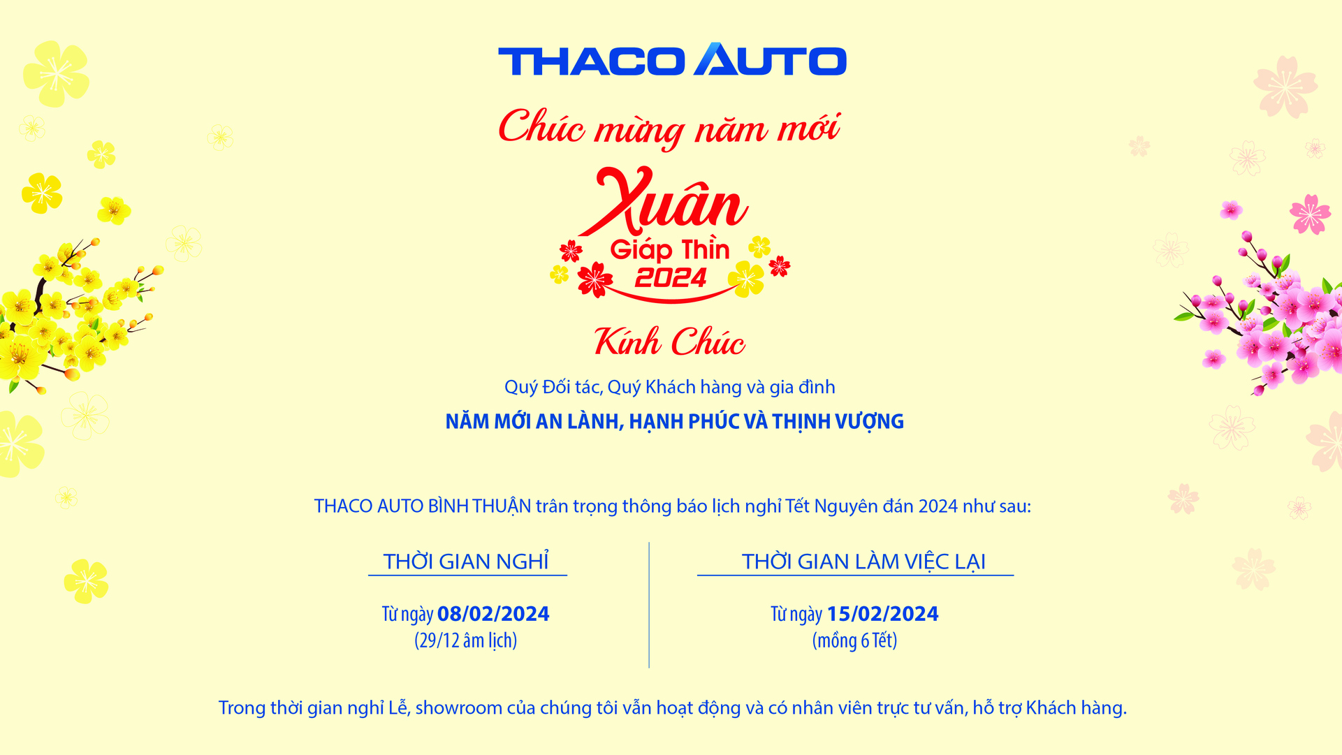 THACO AUTO BÌNH THUẬN THÔNG BÁO LỊCH NGHỈ TẾT NGUYÊN ĐÁN 2024