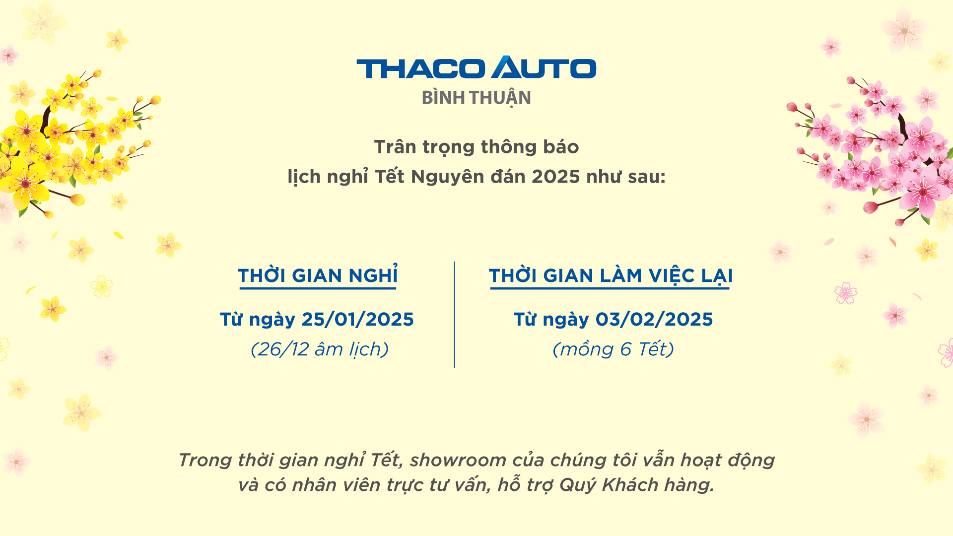 Thông báo lịch nghỉ tết nguyên đán của THACO AUTO Bình Thuận